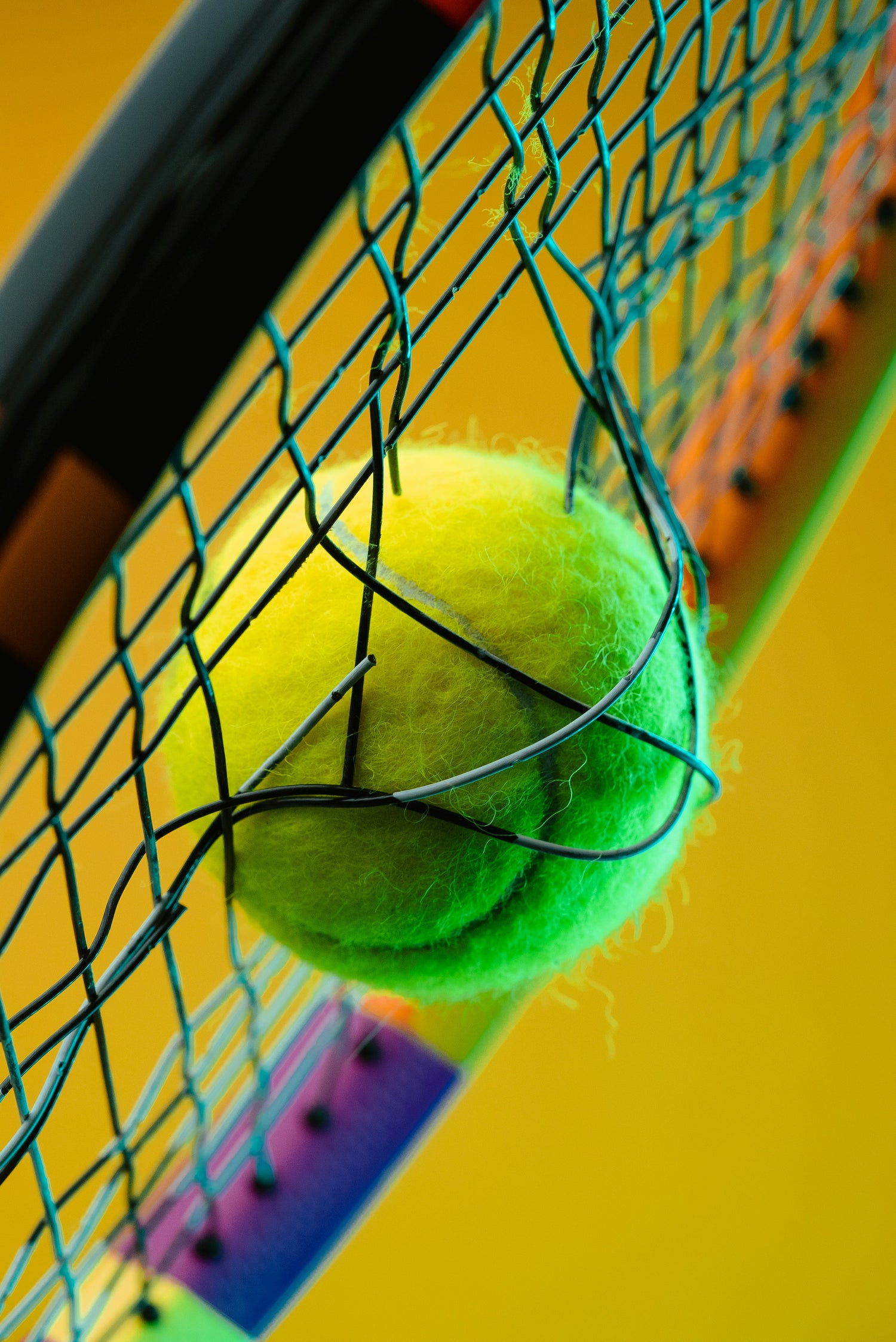 tennis ball breaking the strings on a Babolat Pure Aero tennis racket.